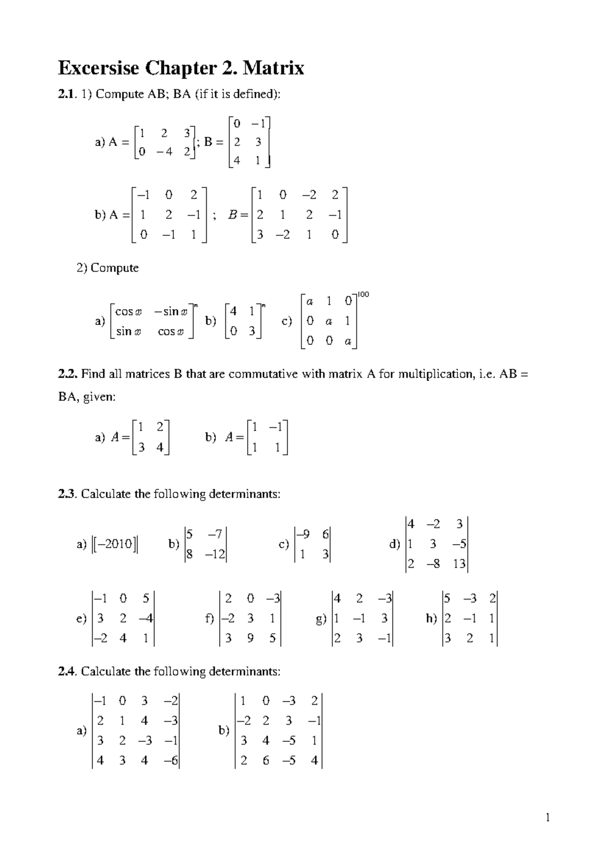 Exercise Chapter 2: Matrix Operations and Determinants - Studocu