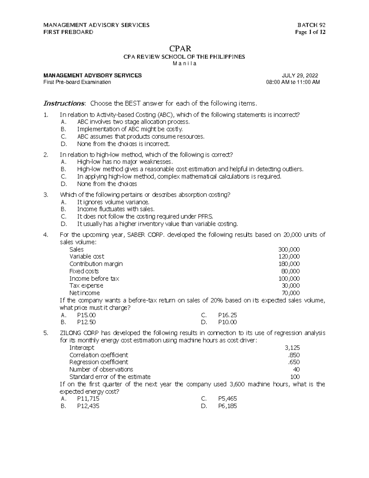CPAR KGAUCP 2020: First Preboard Examination Review Notes - Studocu