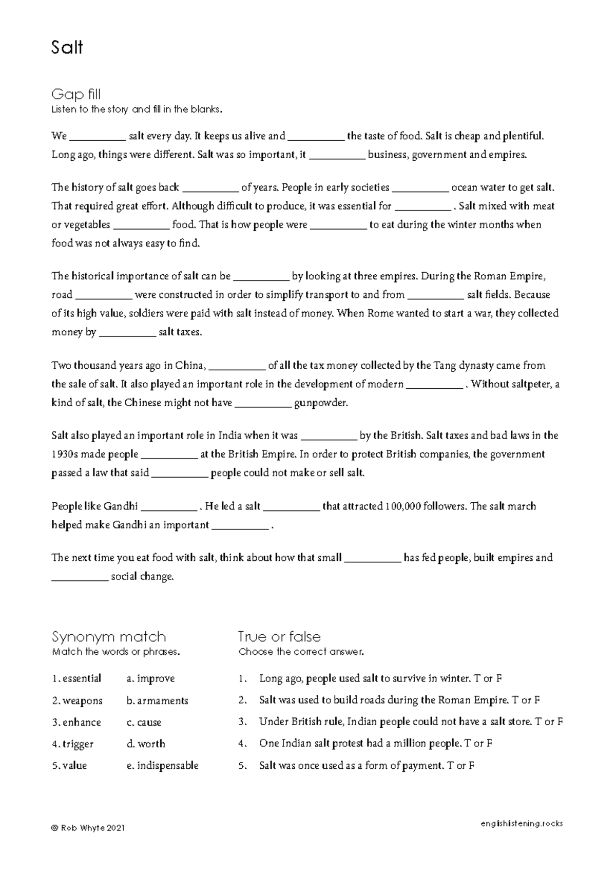 Esl teacher worksheet salt - @ Rob Whyte 2021 englishlistening We ...