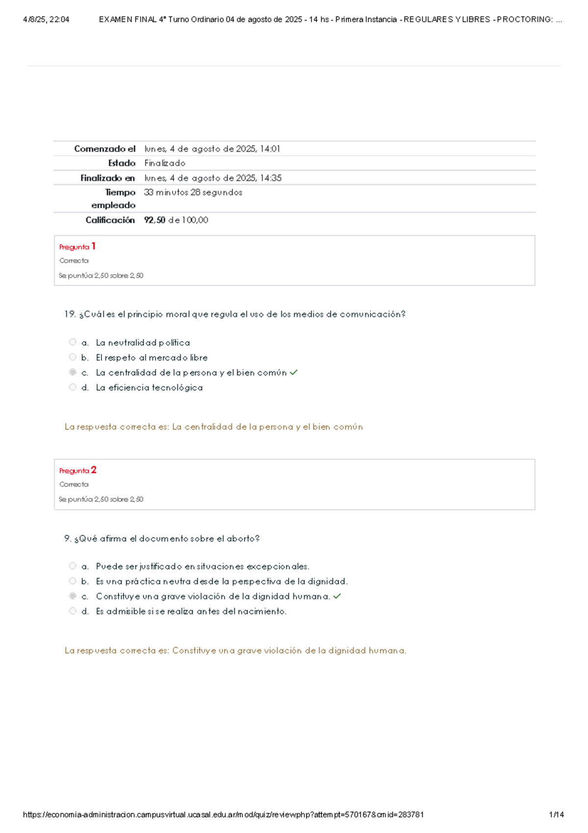 Examen Final 22:04 Doctrina Social de la Iglesia 2025 - Primera Instancia - Document Preview