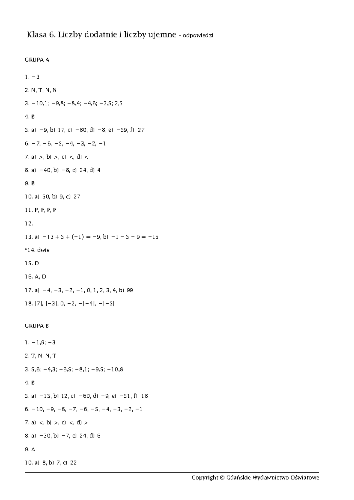 Liczby Dodatnie I Ujemne Sprawdzian Klasa 6 Brinlay www.studocu.com