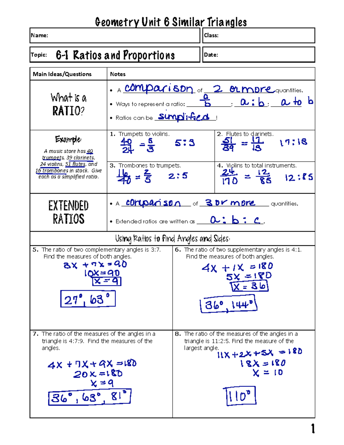 Geometry Unit 6: Similar Triangles Guided Notes (Completed) - Studocu