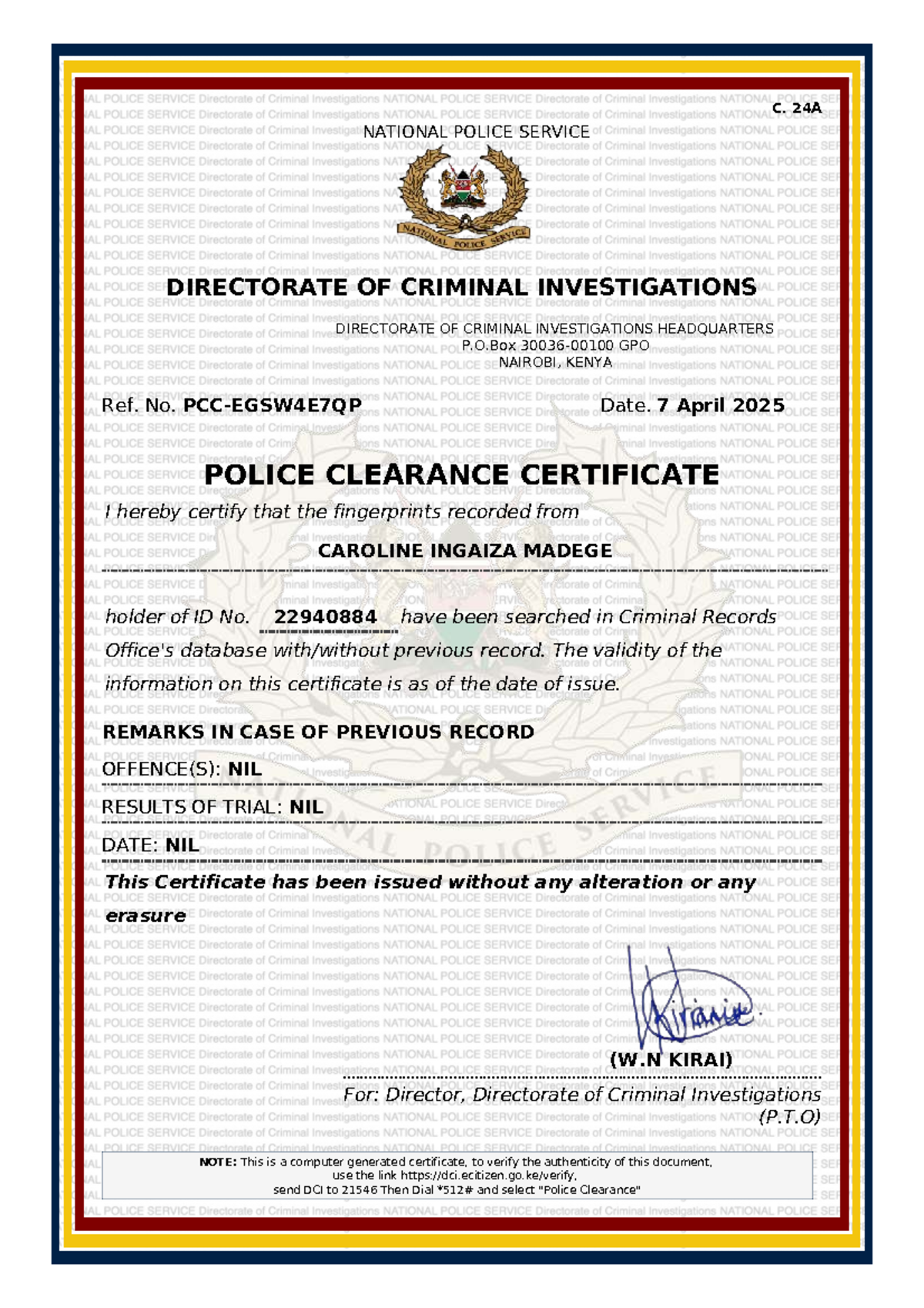 PCC-EGSW4E7QP - Sample Police Clearance Certificate Summary - Studocu