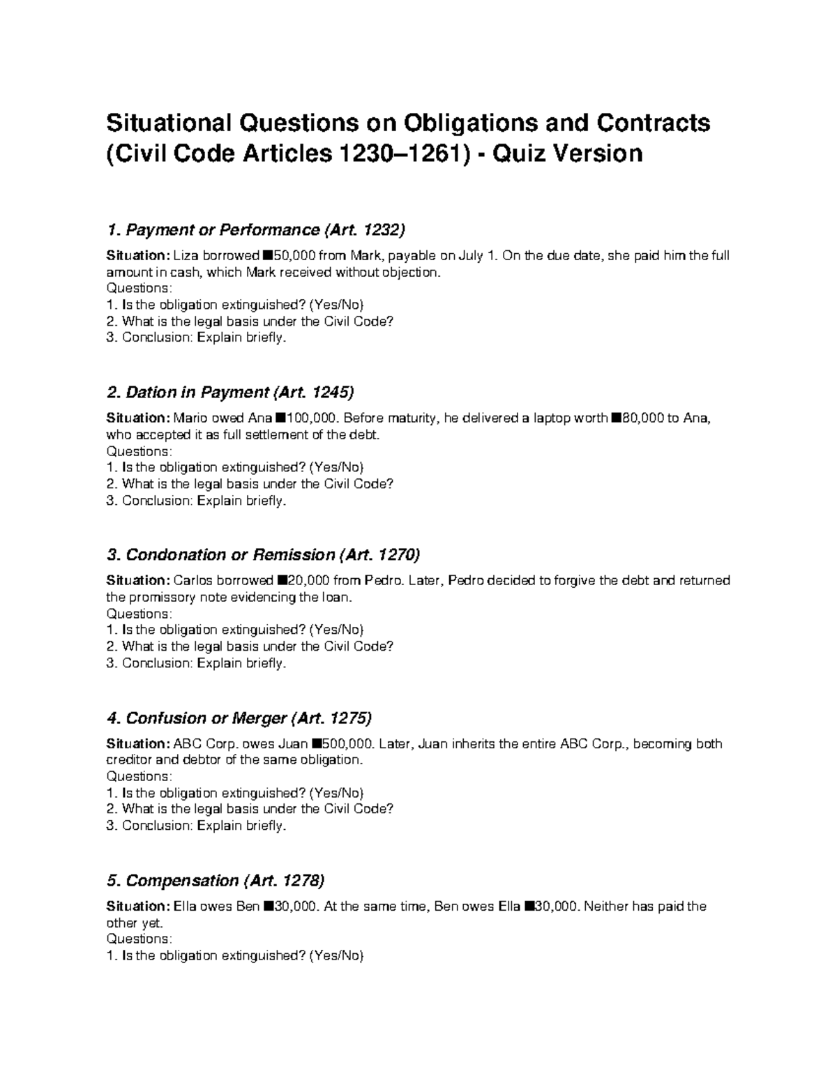 Obligations and Contracts Quiz: Situational Questions on Civil Code ...