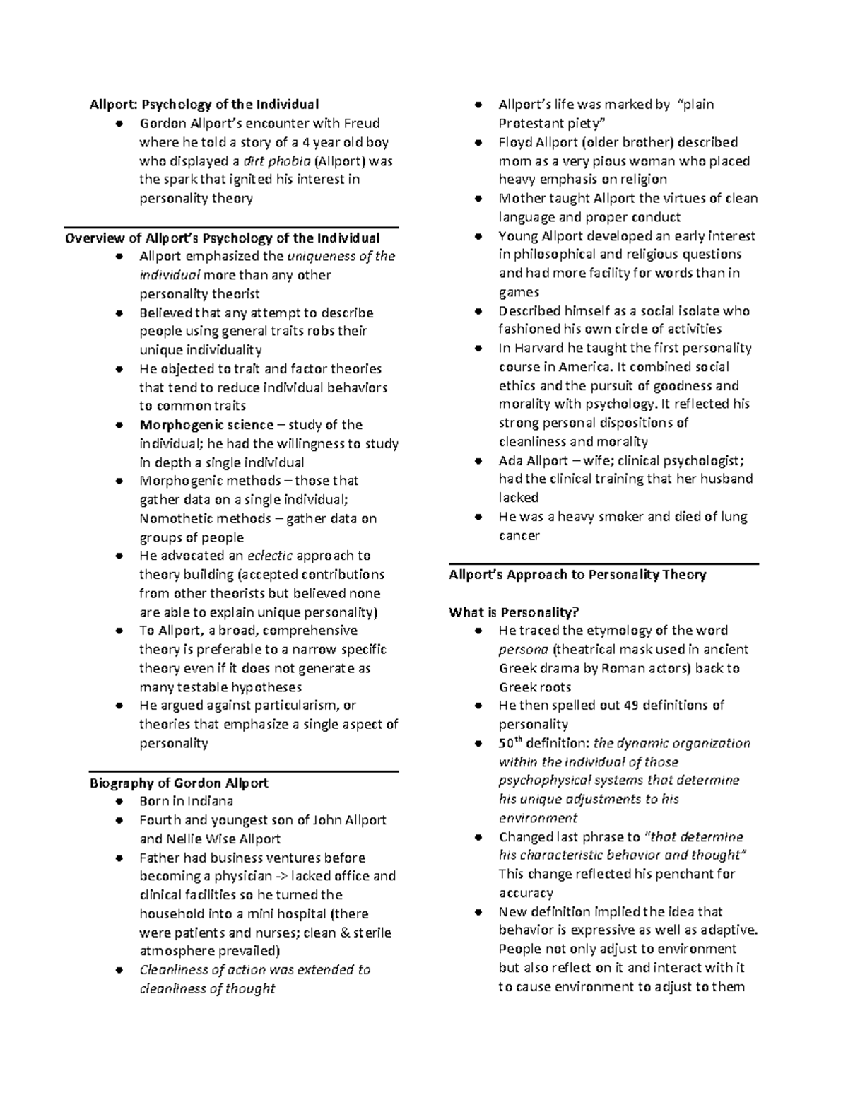 Allport PSY 101 Lecture Notes on Theories of Personality - Studocu