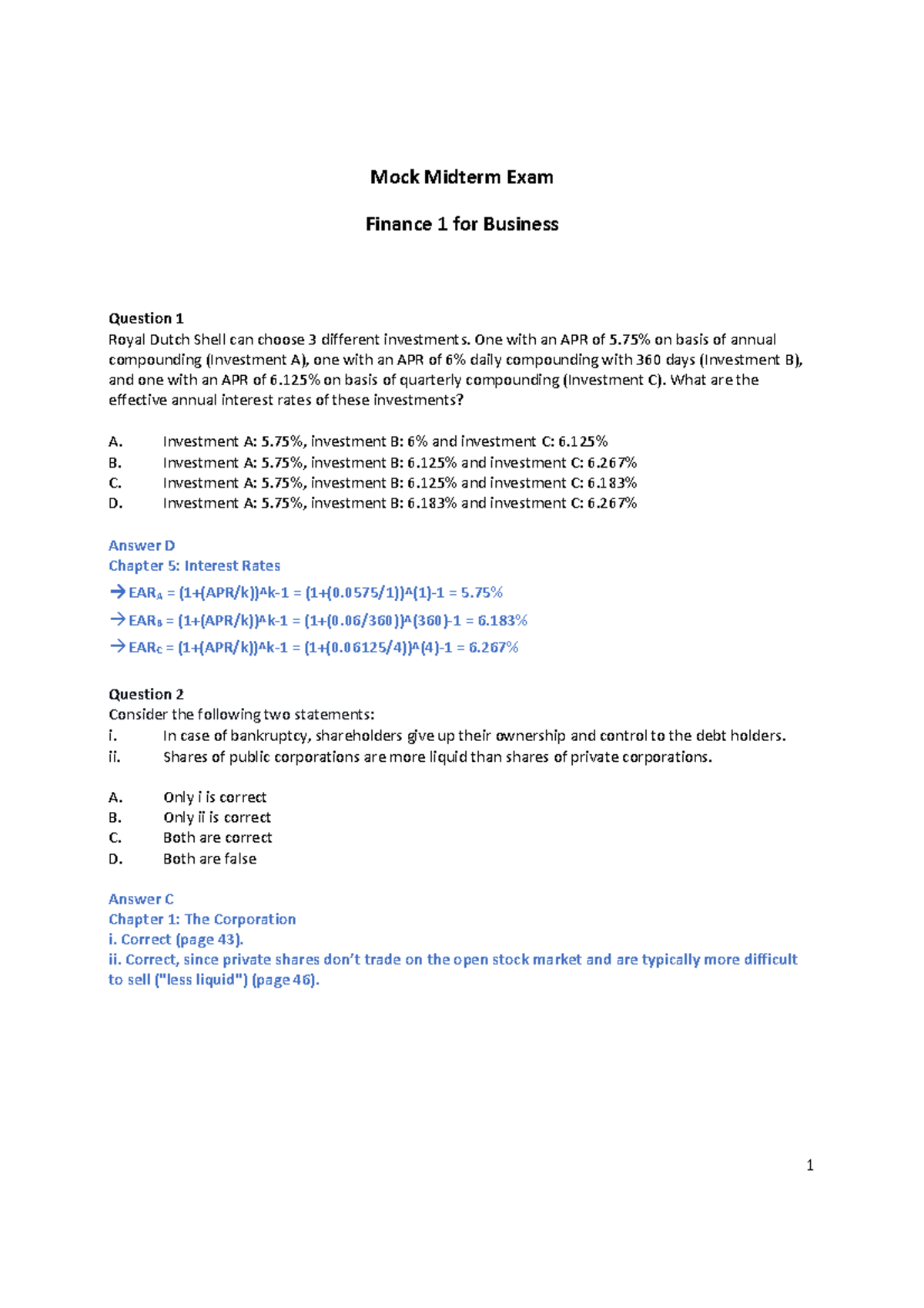 Finance 1 - Mock Midterm Exam Questions & Answers - Studeersnel