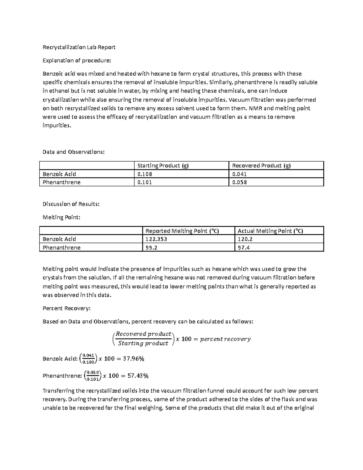 Chemistry 101: Recrystallization Lab Report and Analysis - Studocu
