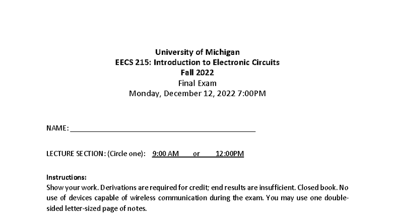 EECS 215: Introduction to Electronic Circuits Fall 2022 Final Exam ...