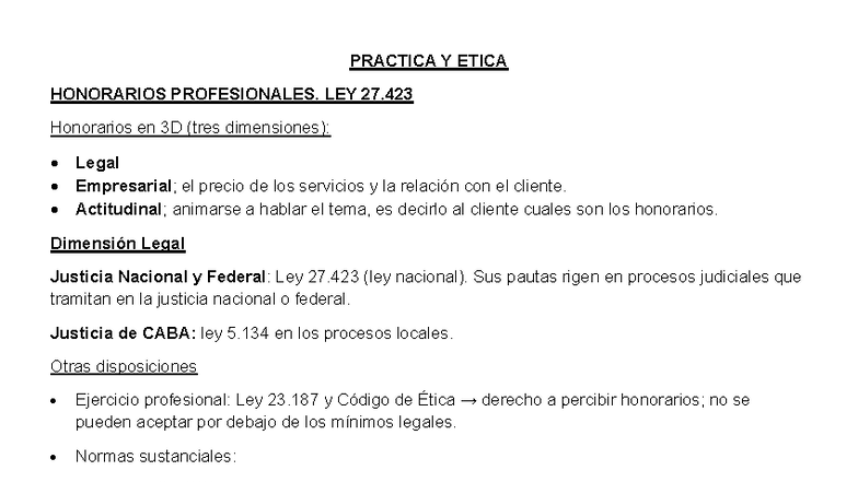 PRACTICA Y ÉTICA EN HONORARIOS PROFESIONALES - LEY 27.423 - Studocu
