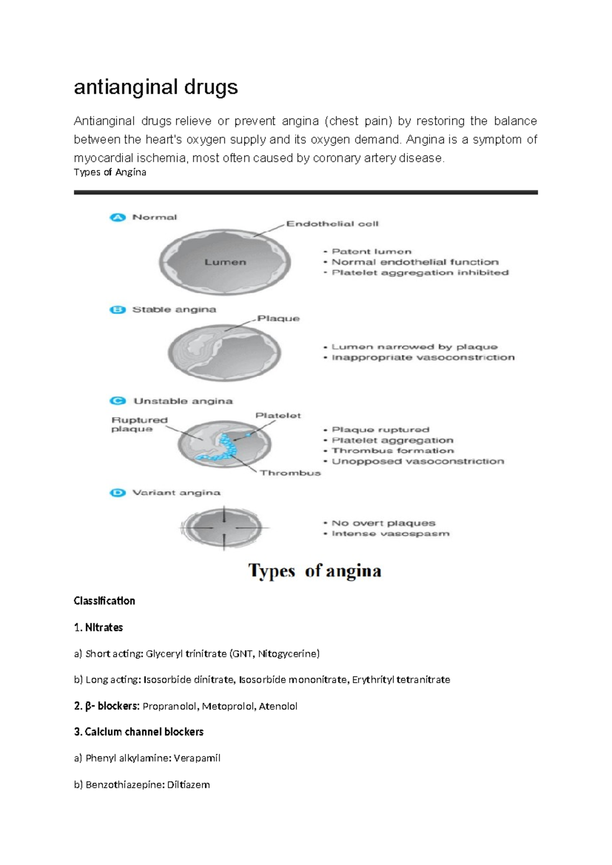 Antianginal Drugs Overview: Types and Classifications - Studocu
