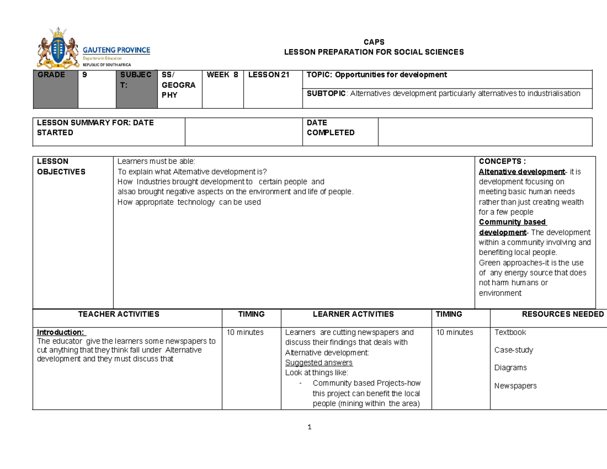 Geography Grade 9 Term 2 Lesson 21: Alternative Development Approaches ...