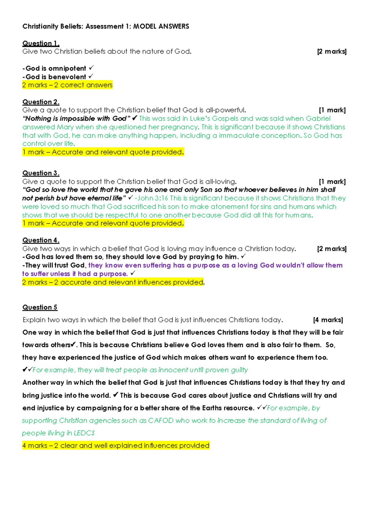 Christianity 1 - useful - Question 1. Give two Christian beliefs about ...