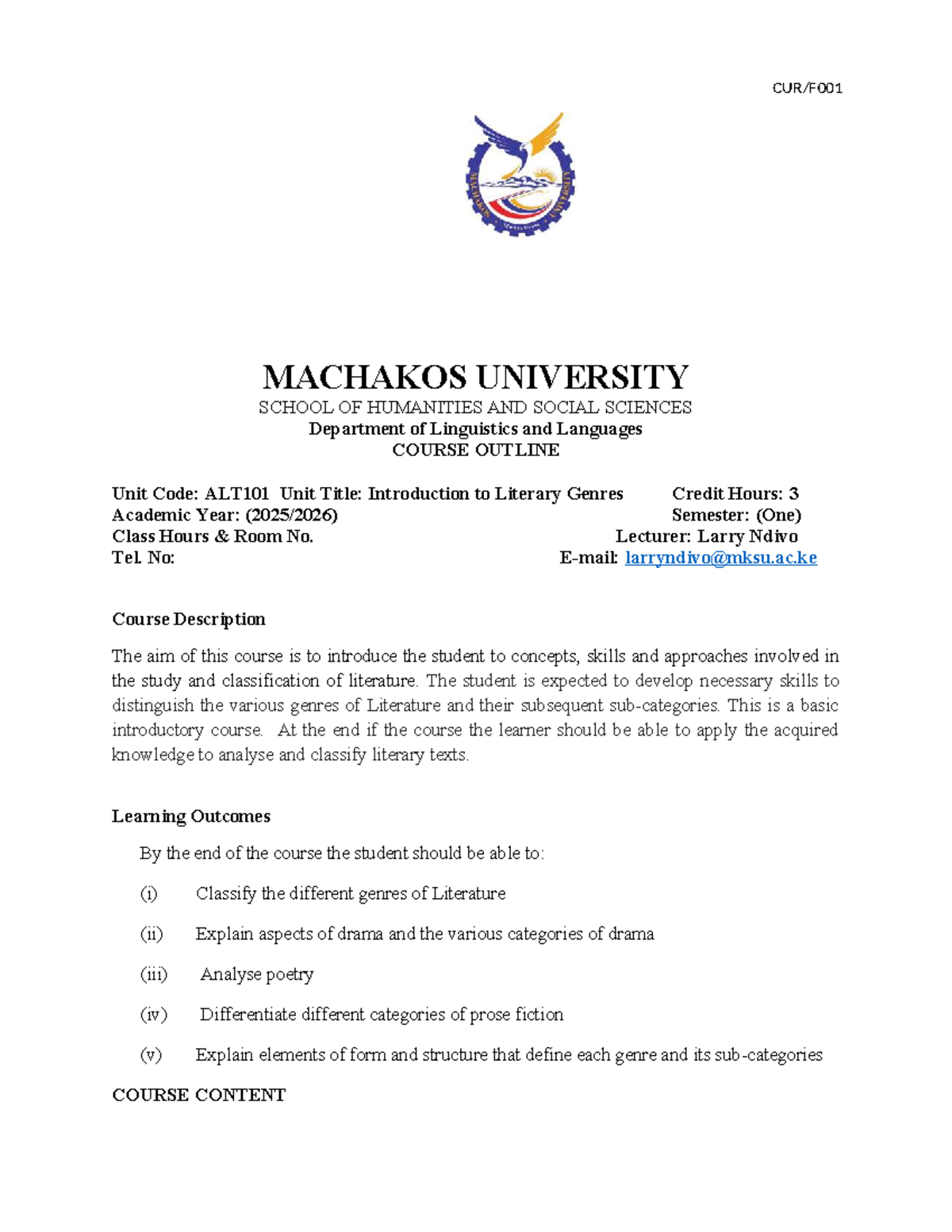 ALT 101 Course Outline: Introduction to Literary Genres Notes - Studocu