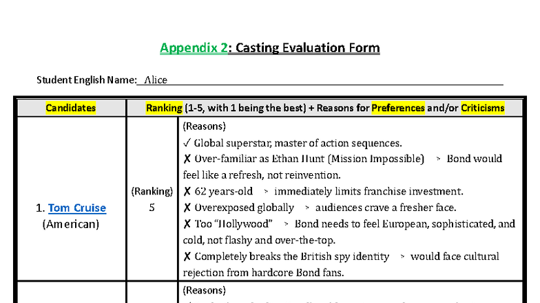 Casting Evaluation Form: Ranking Potential James Bond Candidates - Studocu