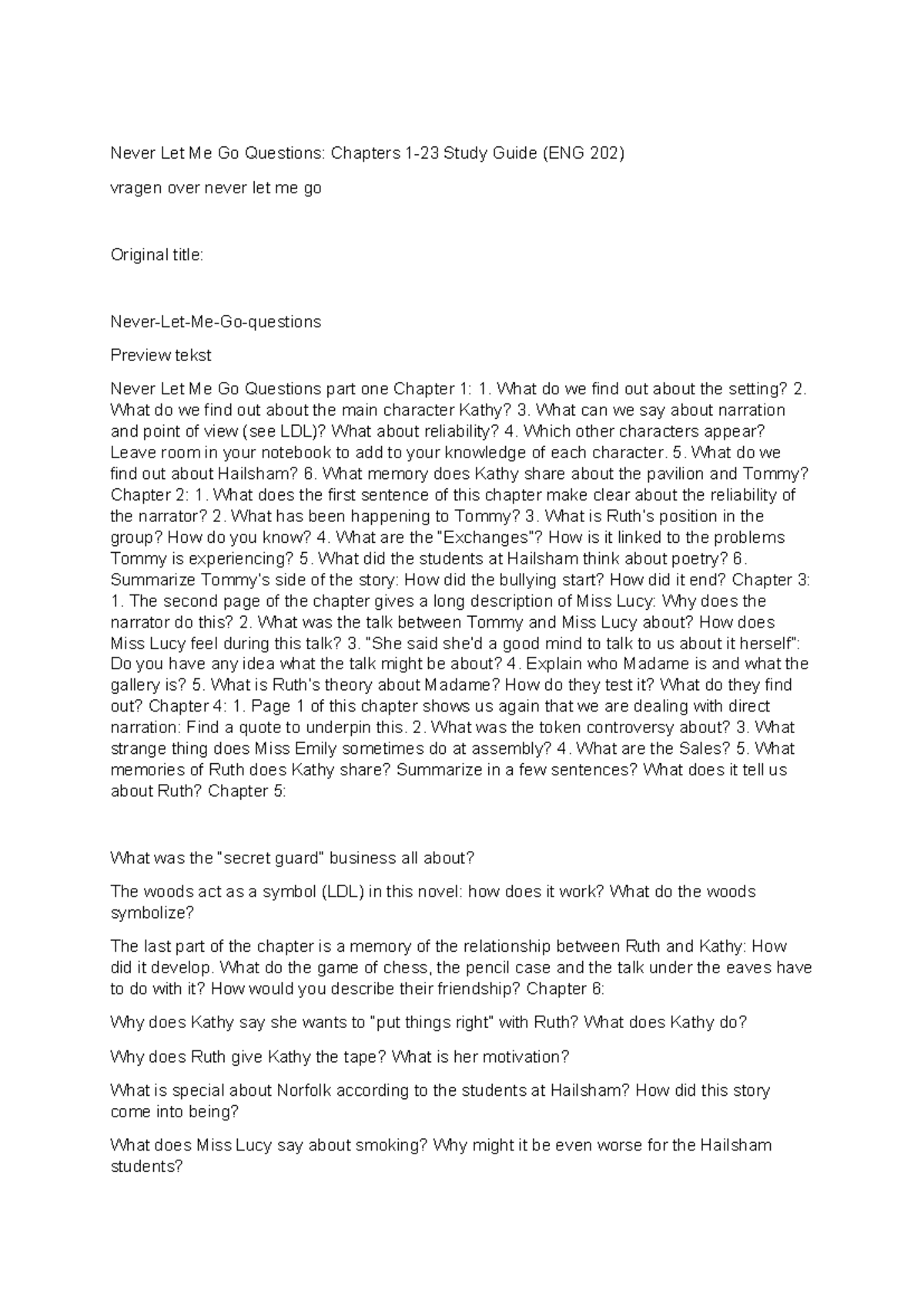 Never Let Me Go Study Guide: Questions for Chapters 1-19 (ENG 202 ...
