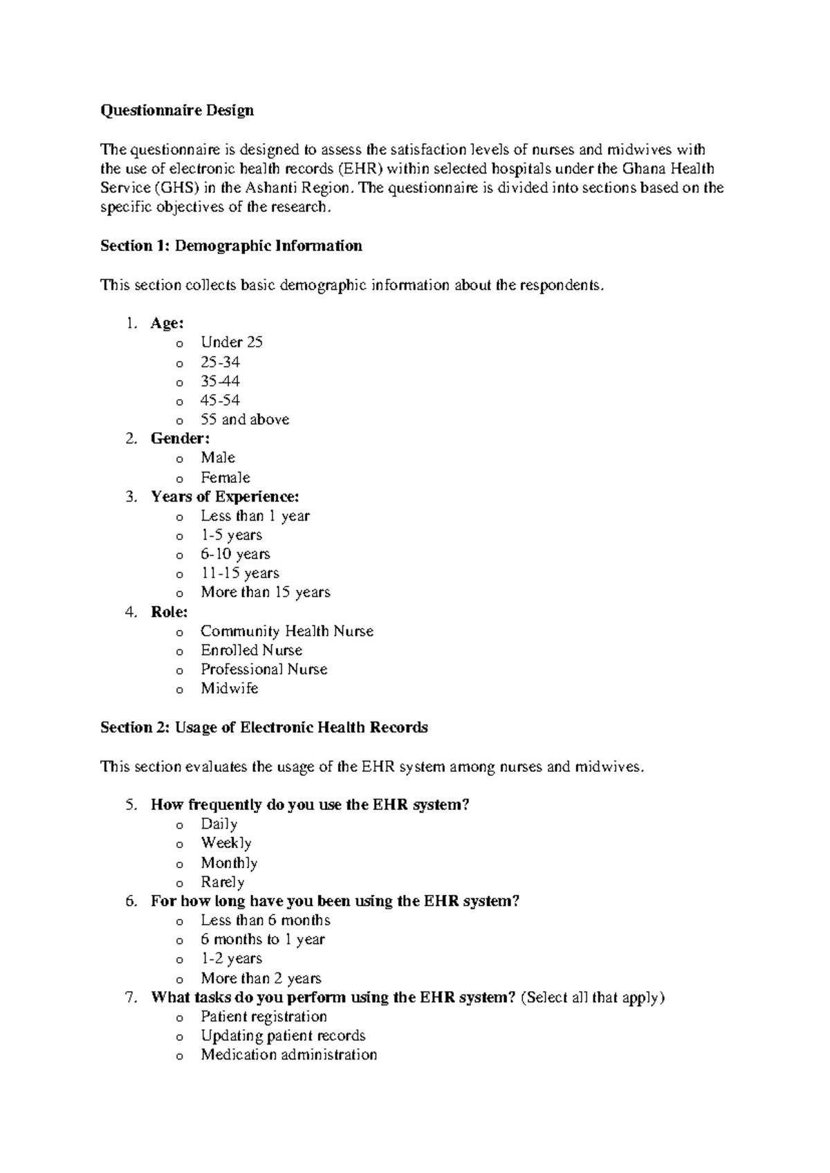 Questionnaire Design for Assessing EHR Satisfaction Among Nurses and ...