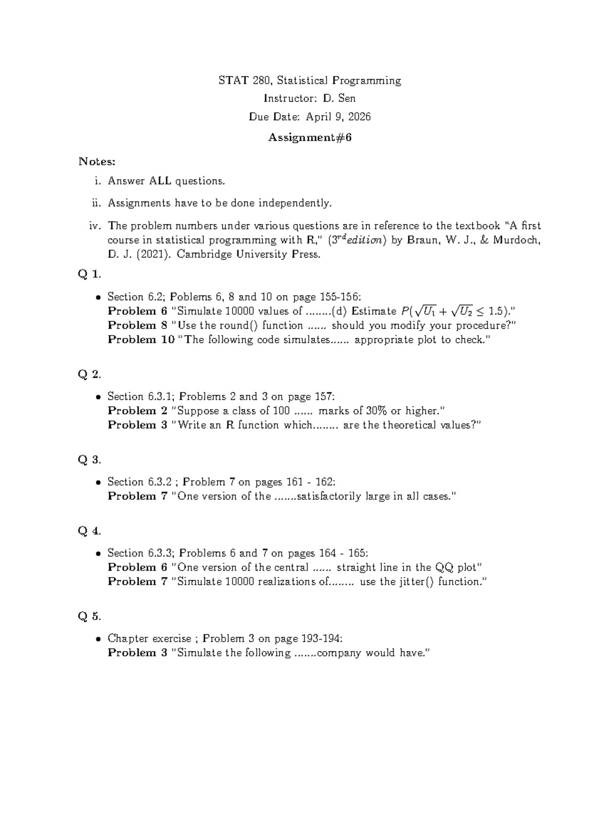 STAT 280: Assignment #6 - Statistical Programming Notes - Studocu