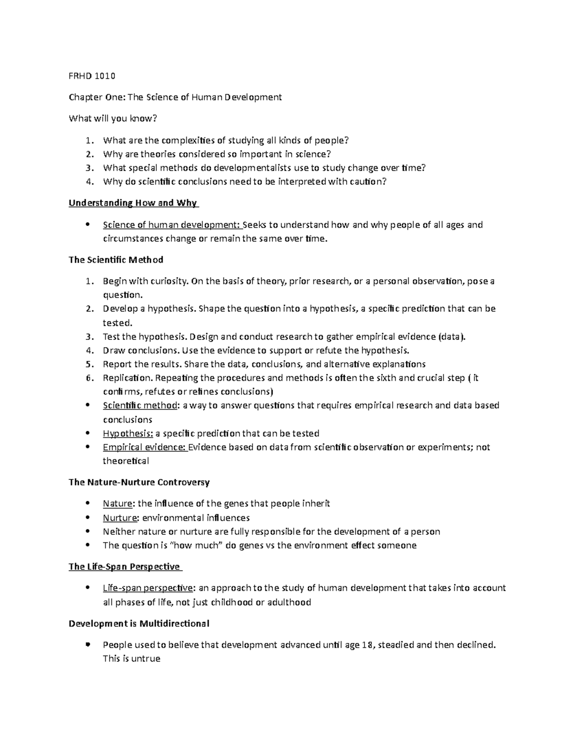 Chapter 1 textbook notes - FRHD 1010 Chapter One: The Science of Human ...
