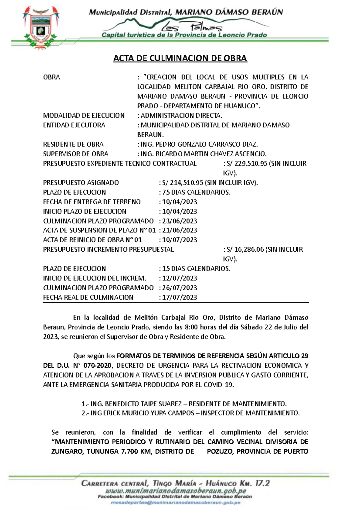 ACTA DE CULMINACION DE OBRA: LOCAL DE USOS MULTIPLES - HUANUCO - Document Preview