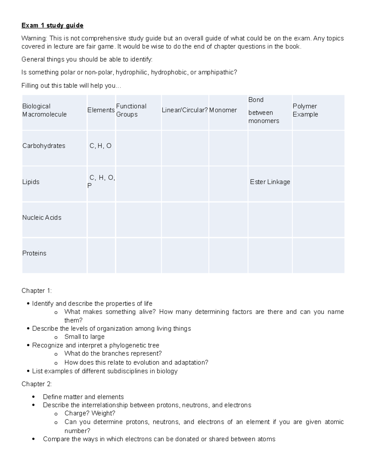 Biology 101: Exam 1 Study Guide on Key Concepts & Macromolecules - Studocu