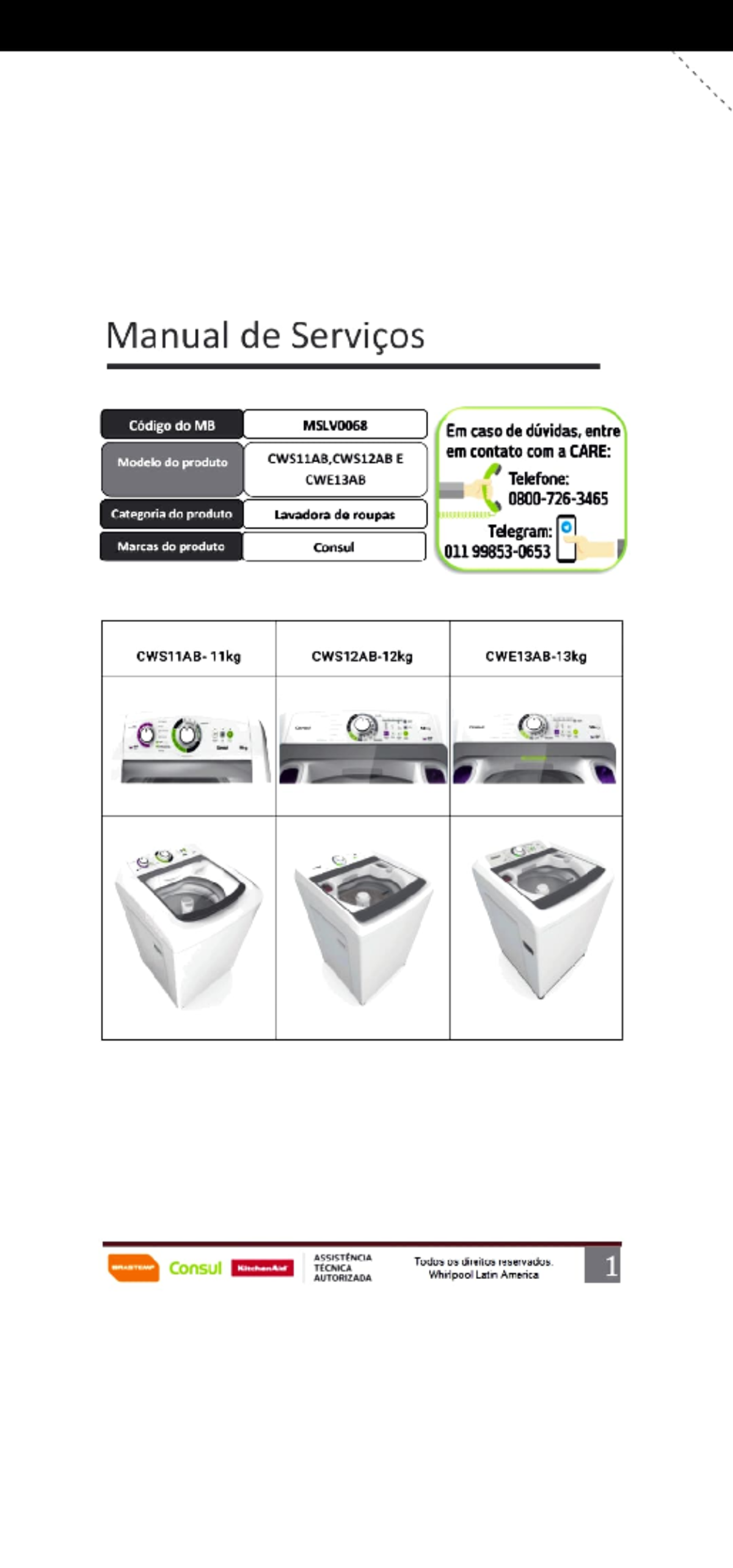 Manual de Serviços Lavadoras CWS11AB, CWS12AB e CWE13AB MSLV0068 - Studocu