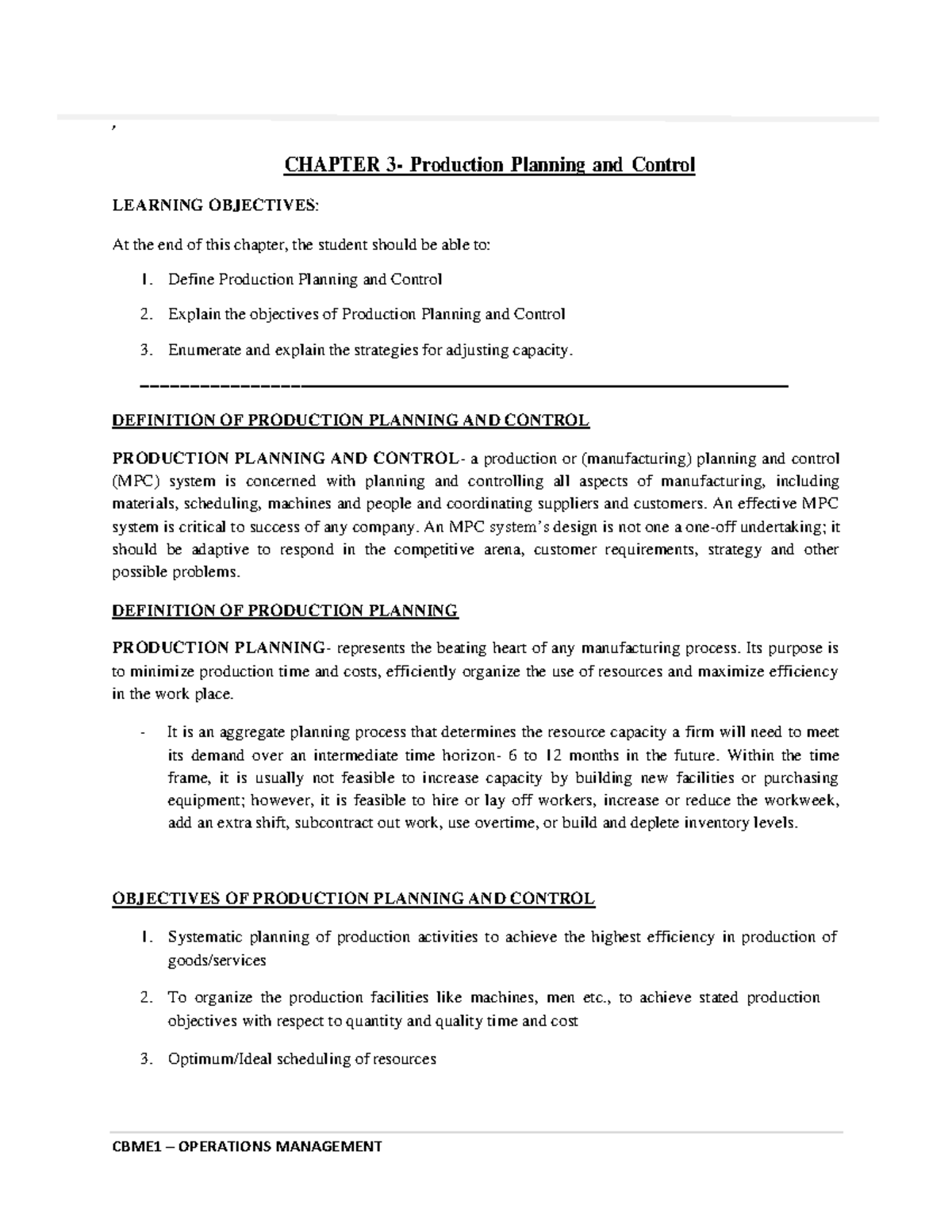 CBME1 Chapter 3: Production Planning and Control Overview - Studocu