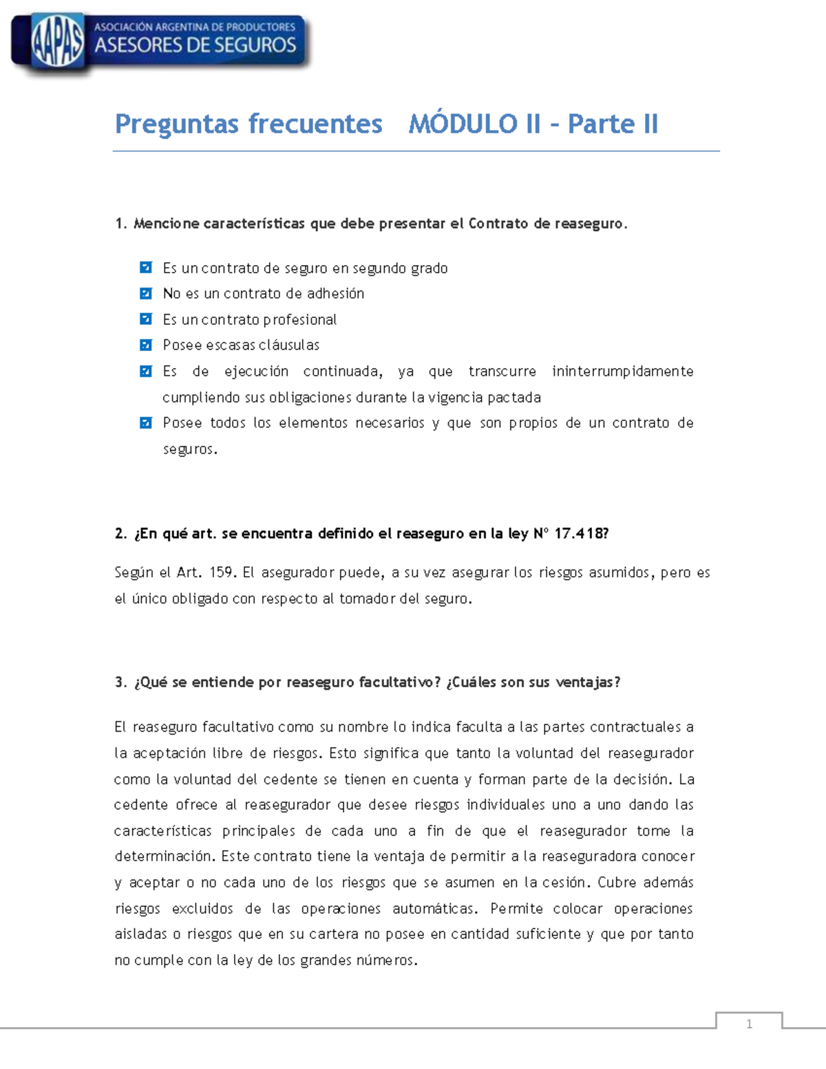 Preguntas Frecuentes sobre Reaseguro - Módulo II Parte II - Studocu