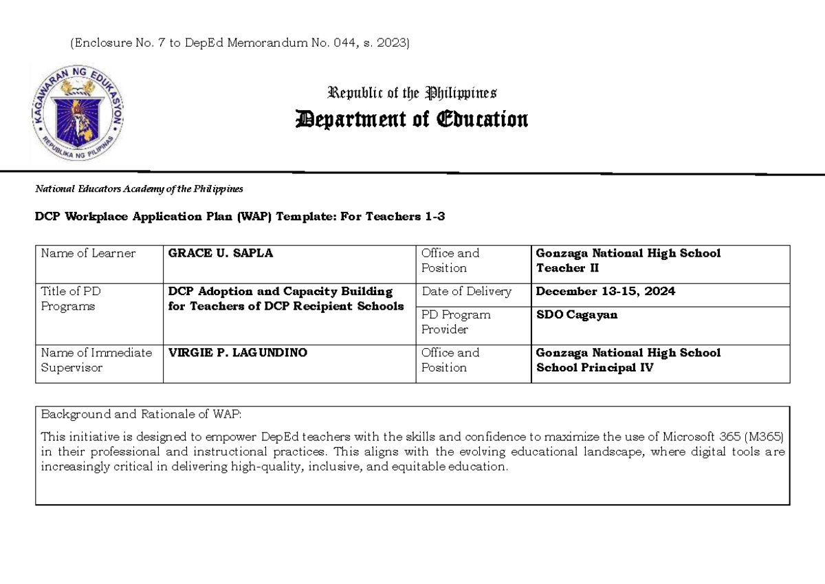 DCP Workplace Application Plan (WAP) for Teachers: Microsoft 365 ...