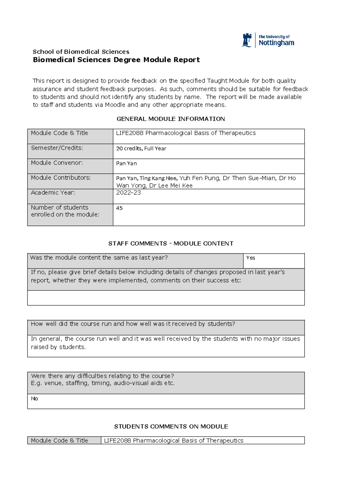 UNMC-BMS Module Report 2022-23: LIFE2088 Feedback Overview - Studocu