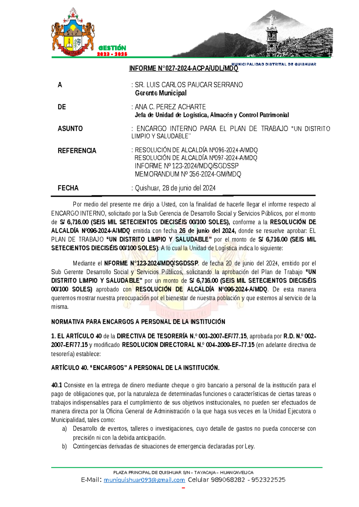 Informe Nº 027-2024 sobre Encargo Interno para Plan de Trabajo - Document Preview