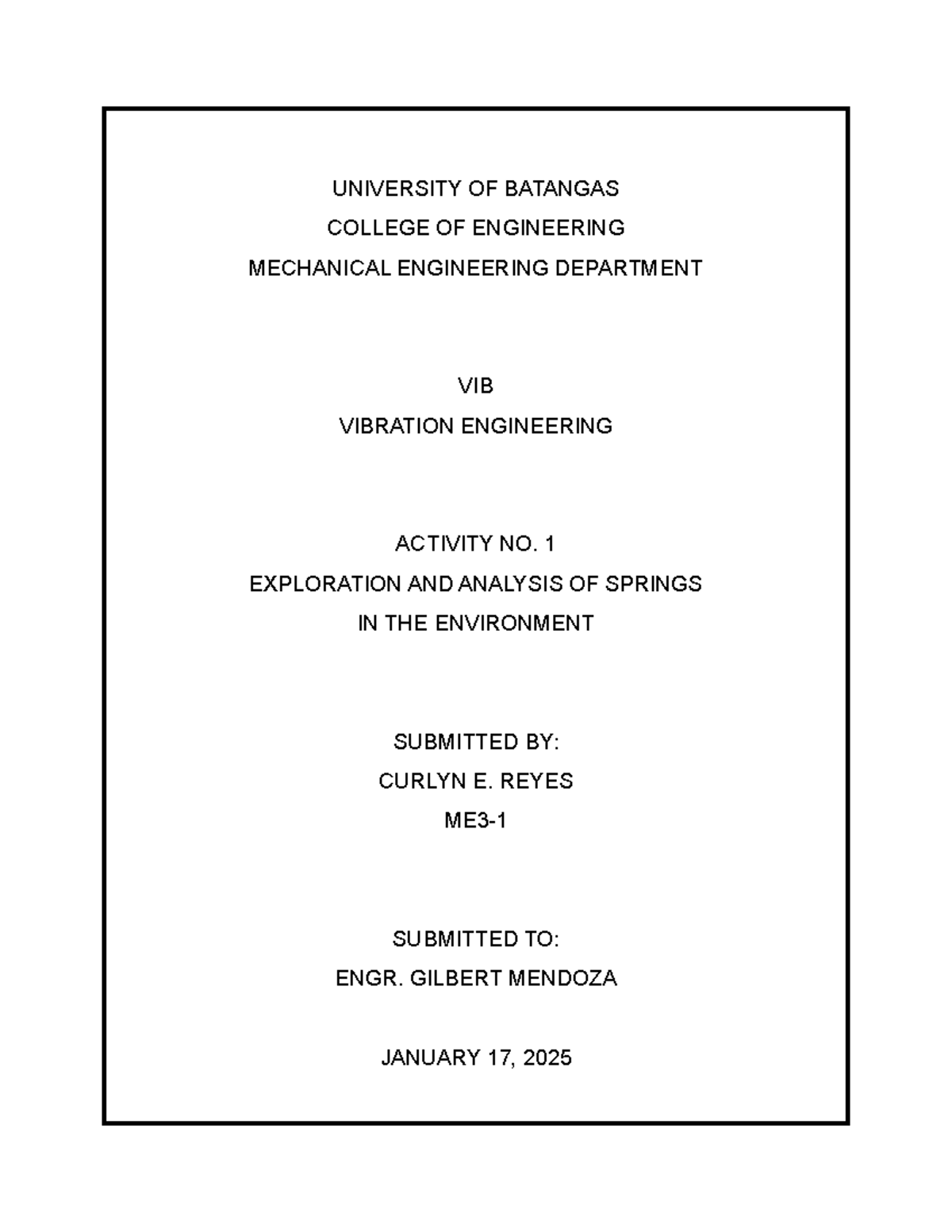 VIB 101: Exploration & Analysis of Springs - Activity No. 1 - Studocu
