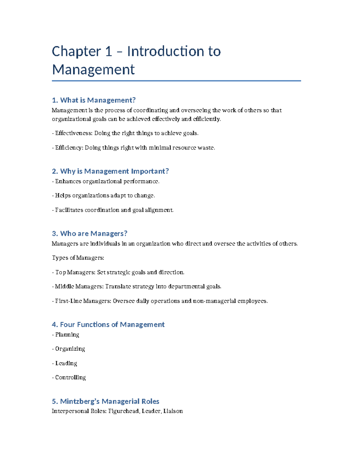 Chapter 1 management summary: Introduction to management concepts - Studocu