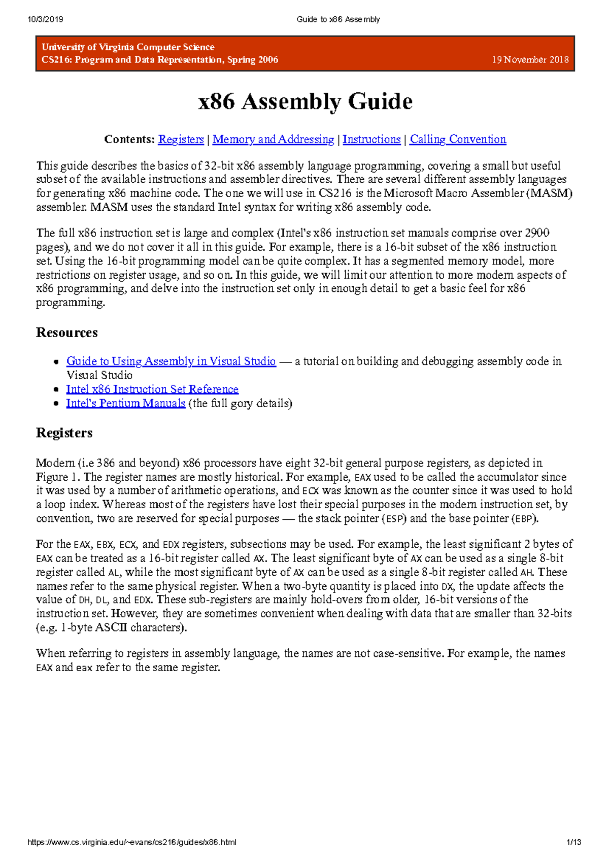 Masm Guide: x86 Assembly Basics for CS216 - Spring 2006 - Studocu