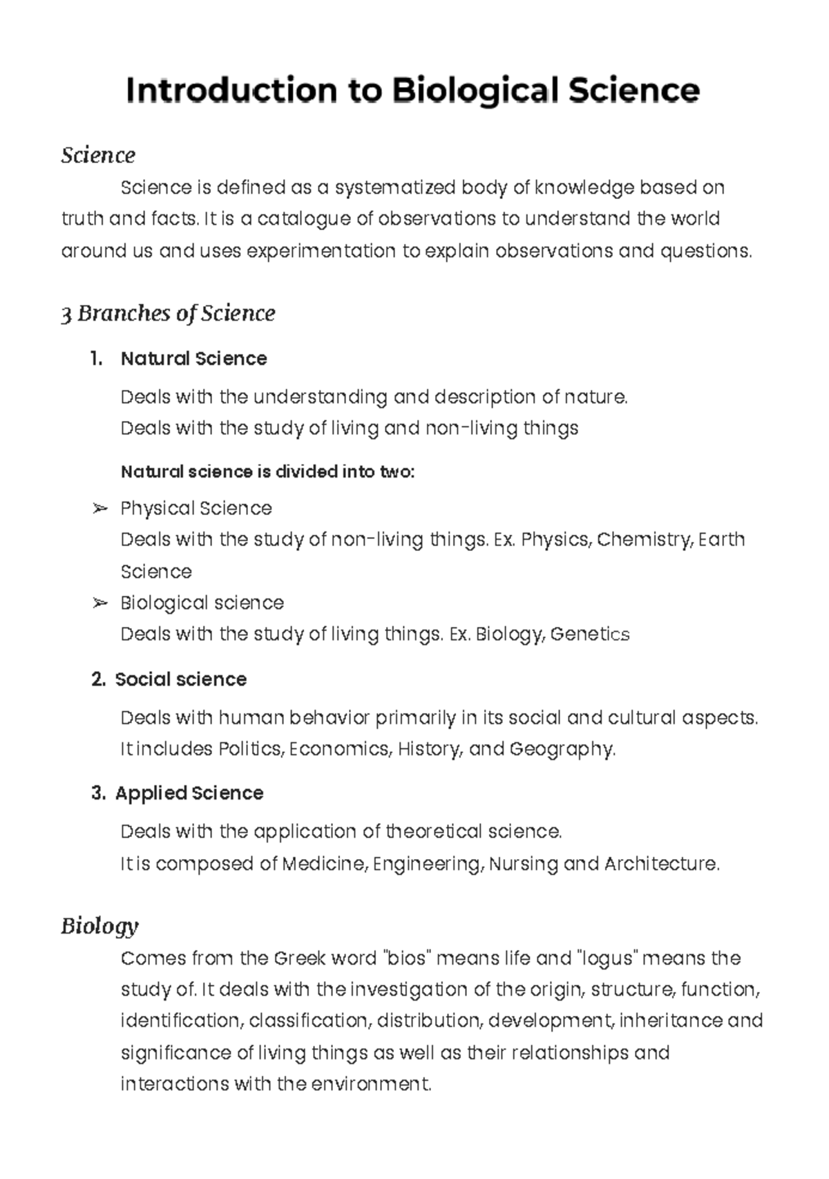 Introduction to Biological Science: Key Concepts and Branches - Studocu