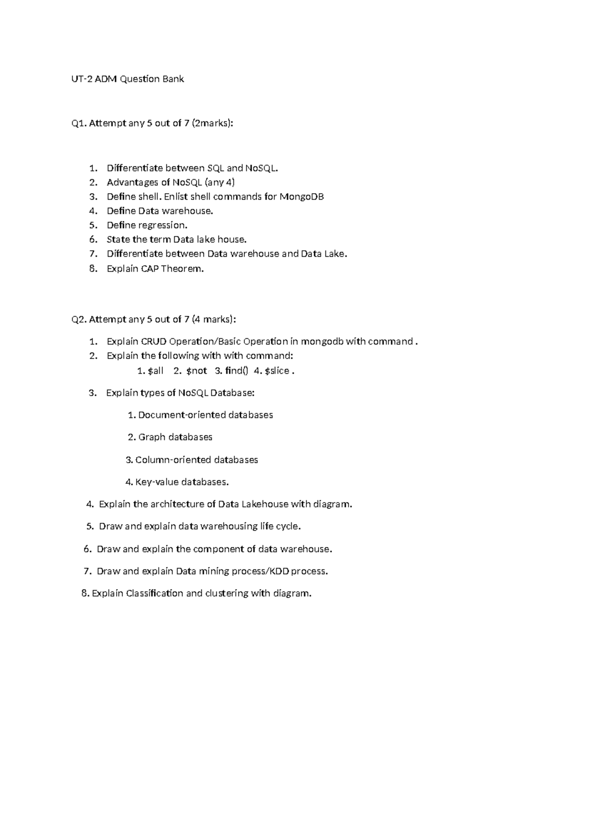 ADM UT-2 Question Bank: NoSQL & Data Warehousing Notes - Studocu
