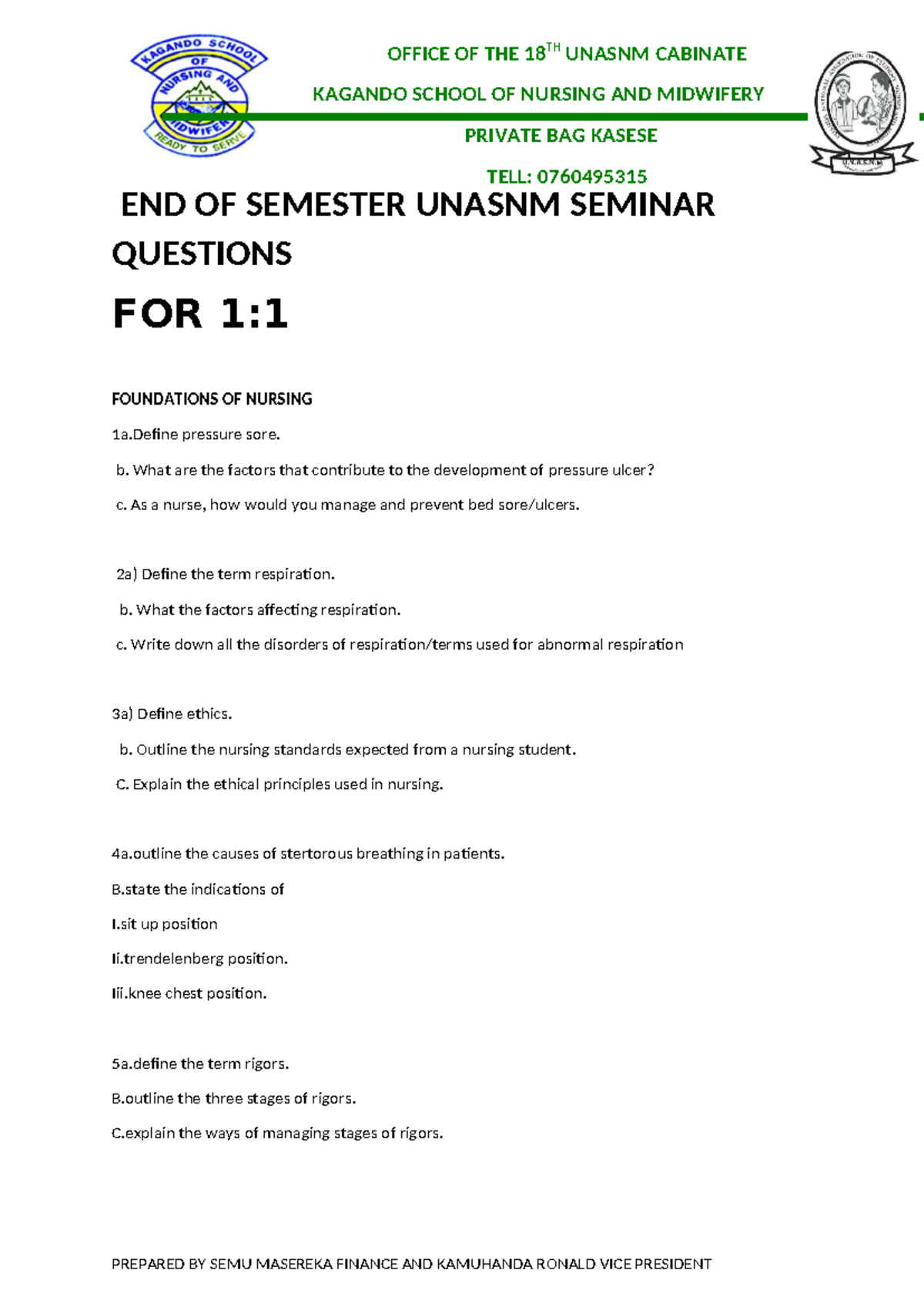 End of Semester Seminar Questions for UNASNM 1:1 Nursing Foundations ...