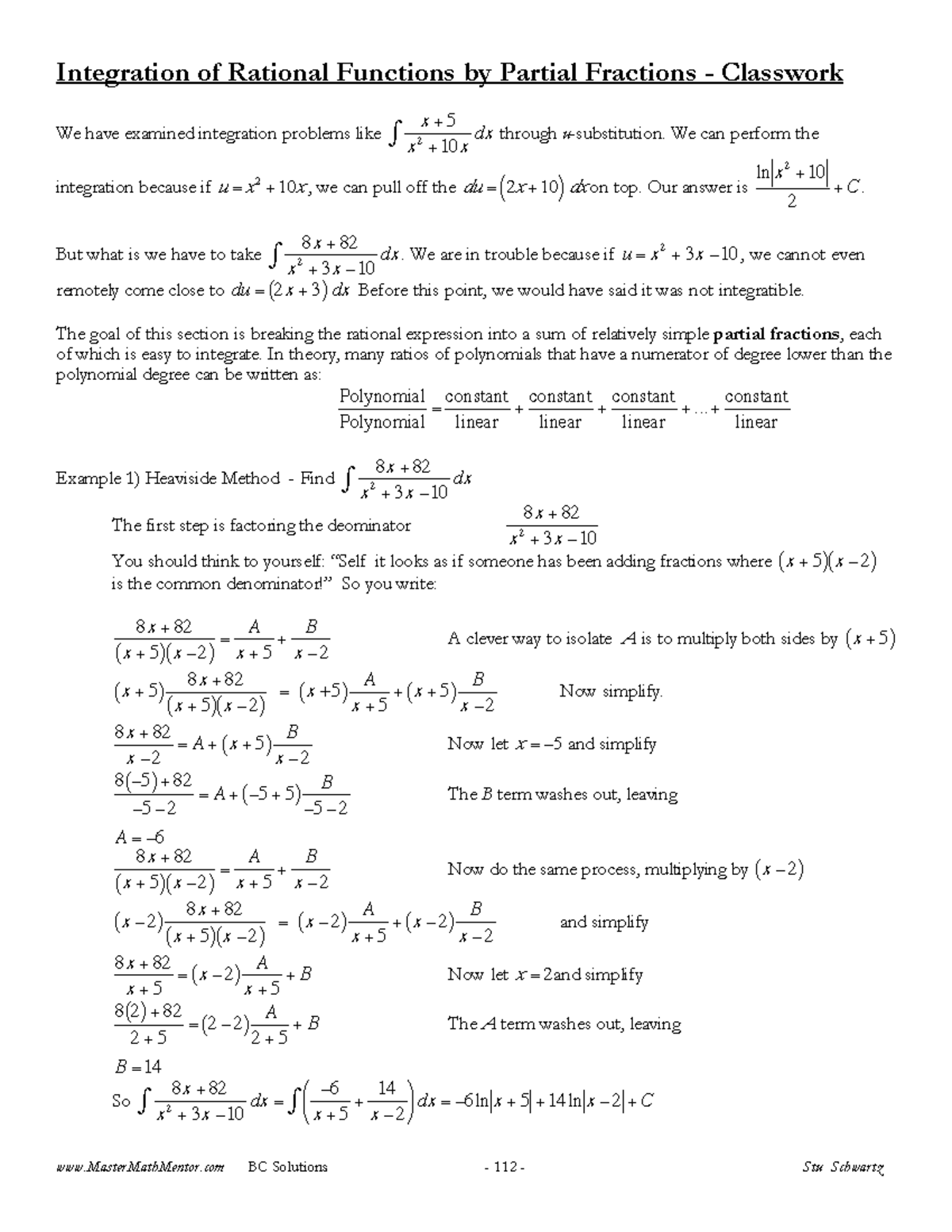 Solutions to Integrals: Partial Fractions for MATH 101 - Classwork ...
