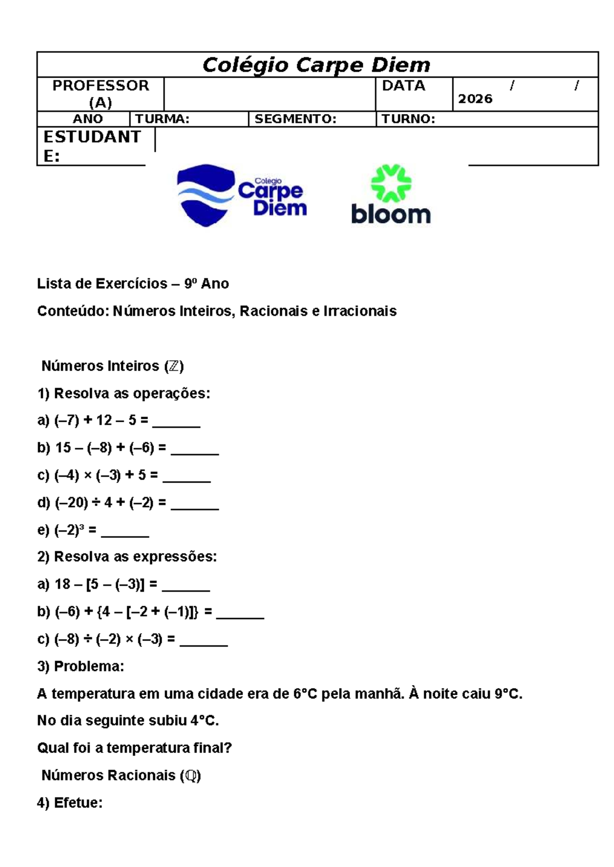 Lista de Exercícios 9º Ano: Números Inteiros, Racionais e Irracionais ...