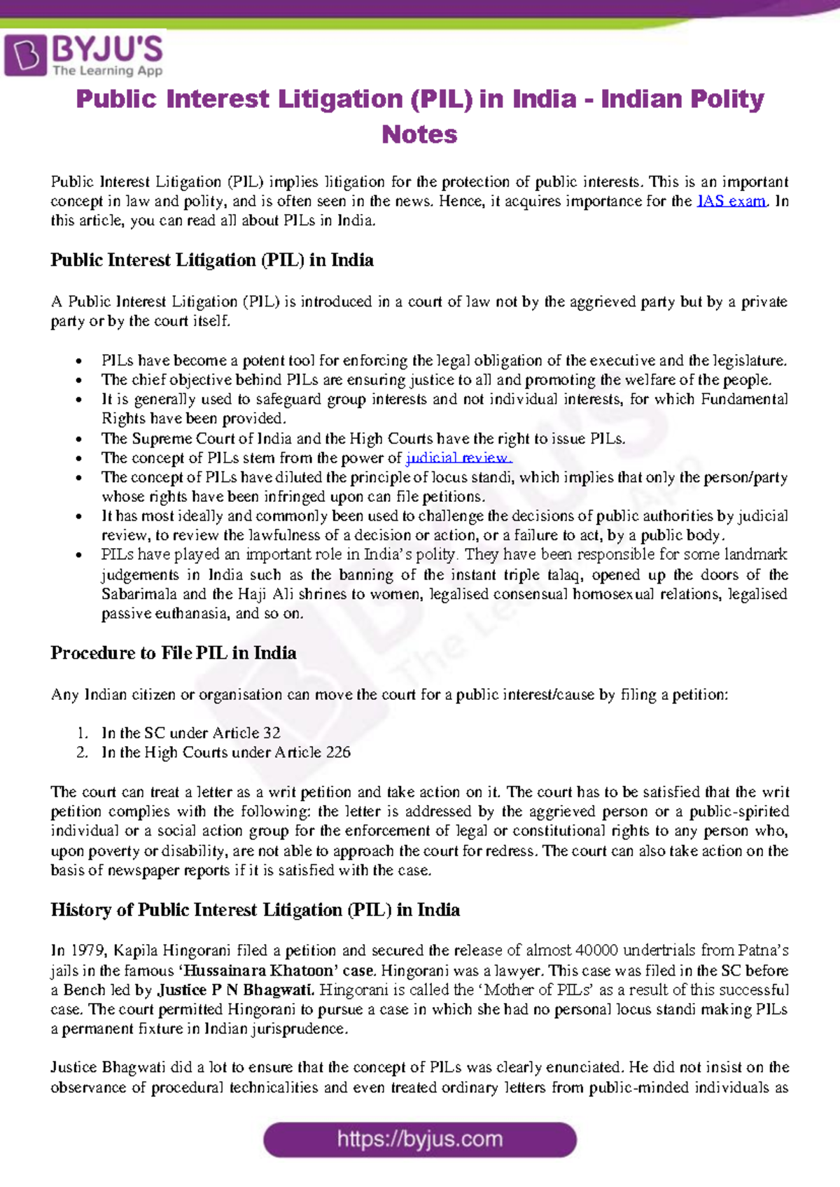 Public Interest Litigation (PIL) Notes for UPSC Preparation - Studocu