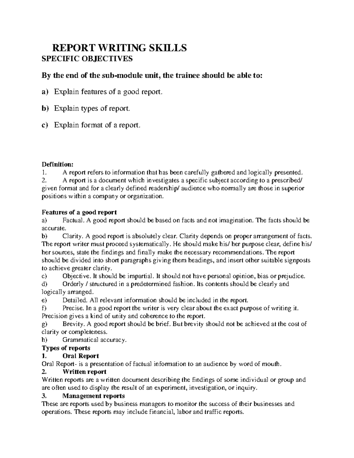Topic 9: Report Writing Skills and Objectives - Studocu