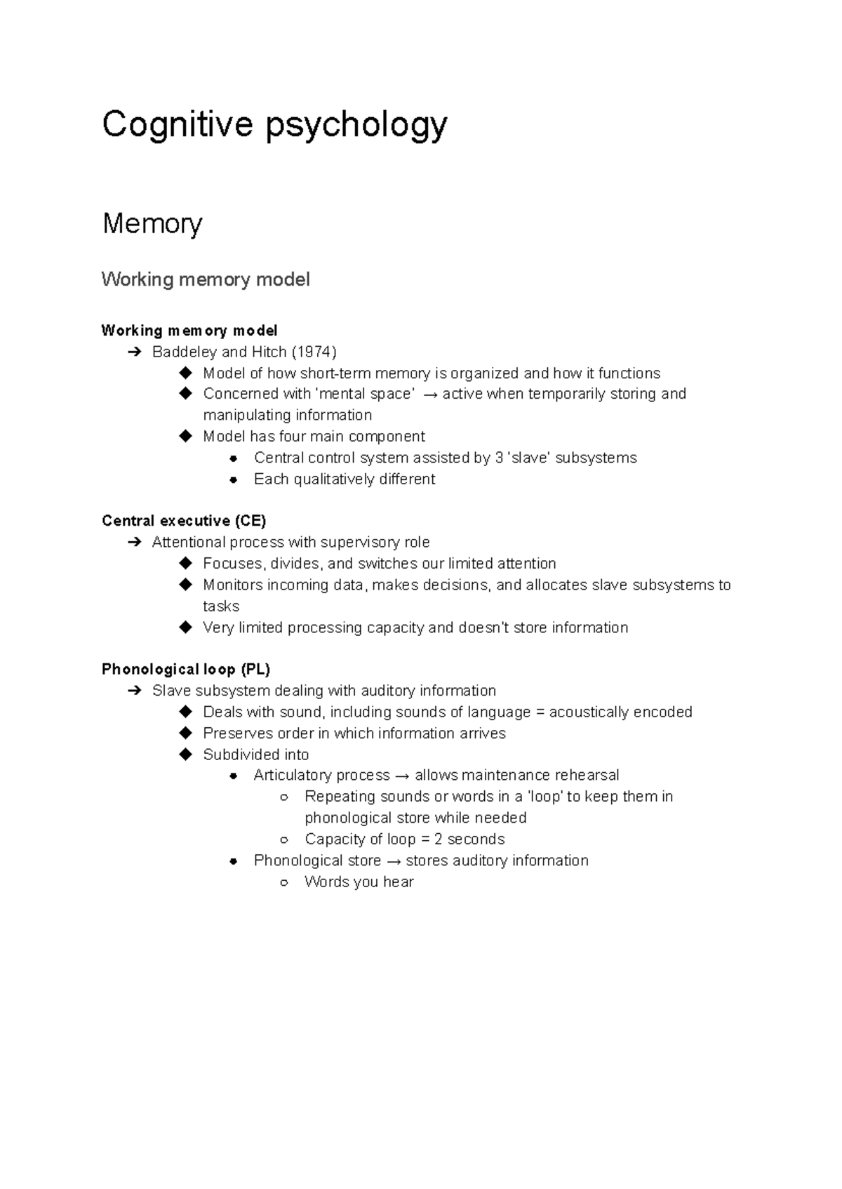 Cognitive Psychology Notes: Working Memory Model and Classic Studies (A ...