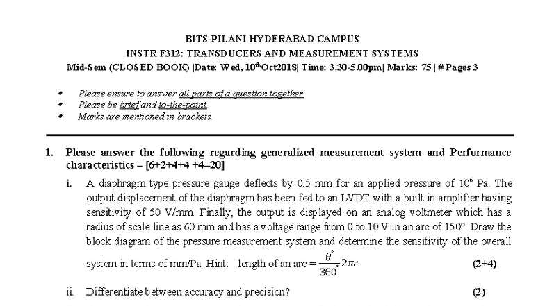 HYDERABAD CAMPUS INSTR F312: TRANSDUCERS & MEASUREMENT SYSTEMS (CLOSED ...
