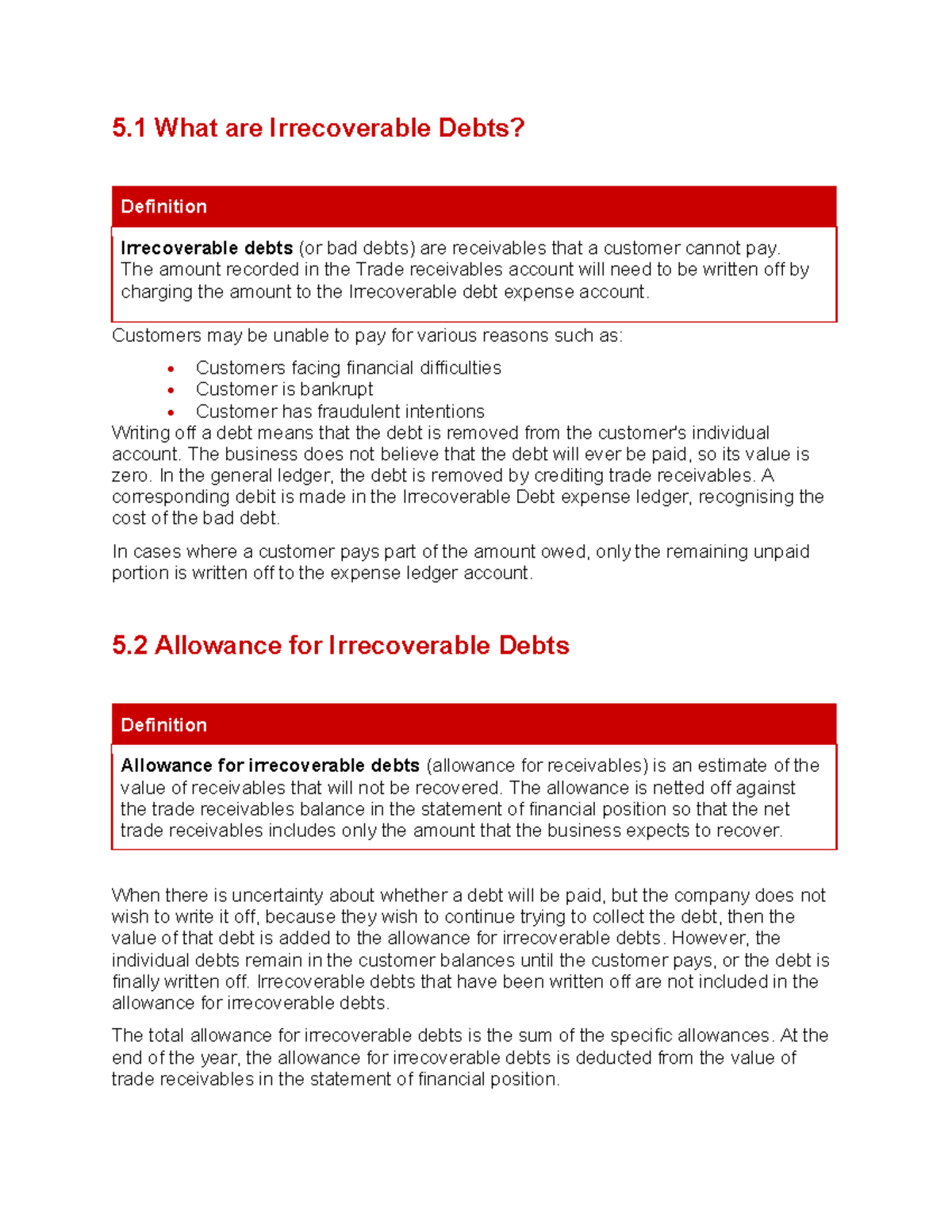 Irrecoverable Debts: Definition and Accounting (Course Code: 5.1) - Studocu