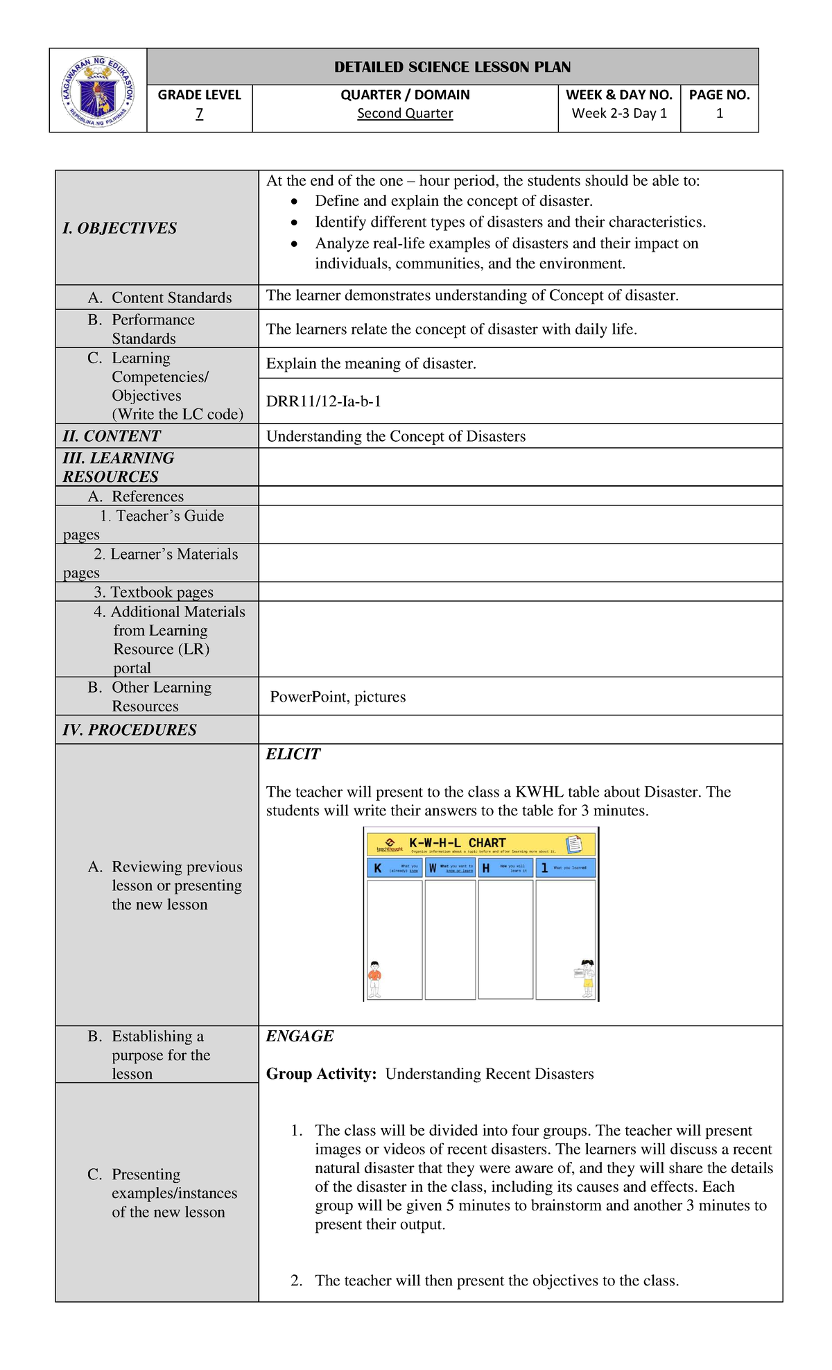 Disaster Lesson Plan for Grade 7 - Detailed Guide (LP-SHS) - Studocu