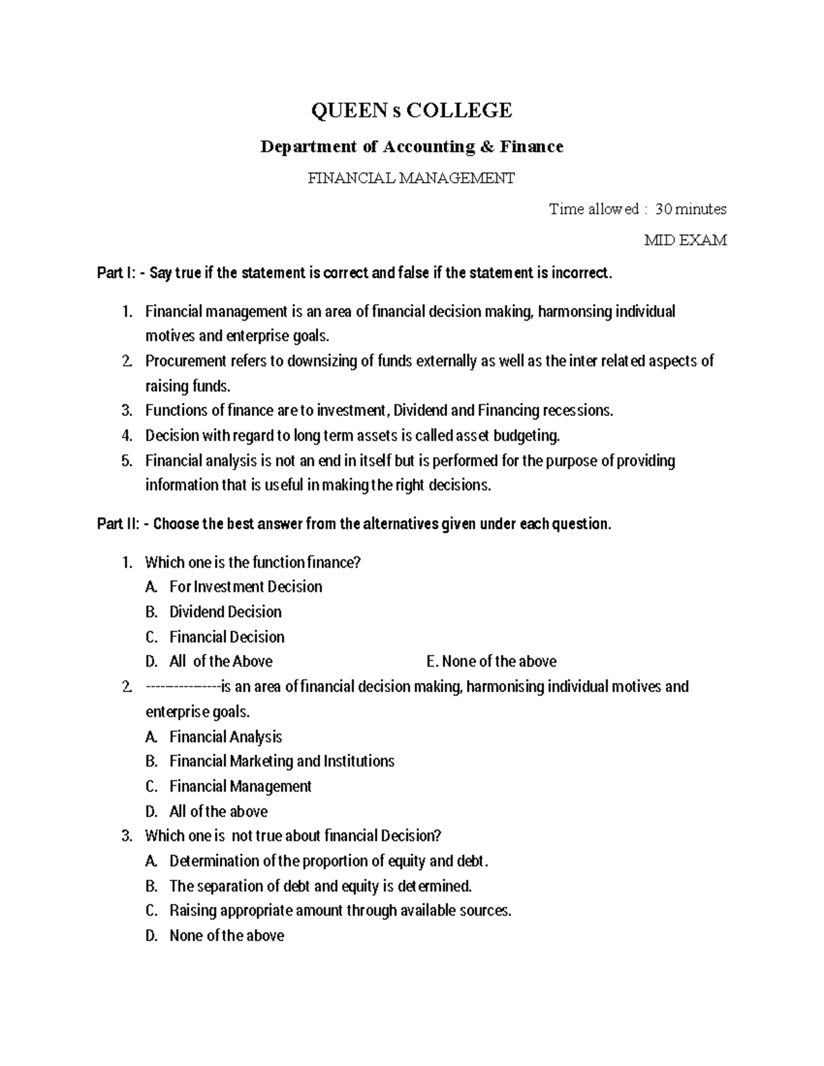 Fm Mid exam Aug, 2024 - i need this cource - QUEEN s COLLEGE Department ...
