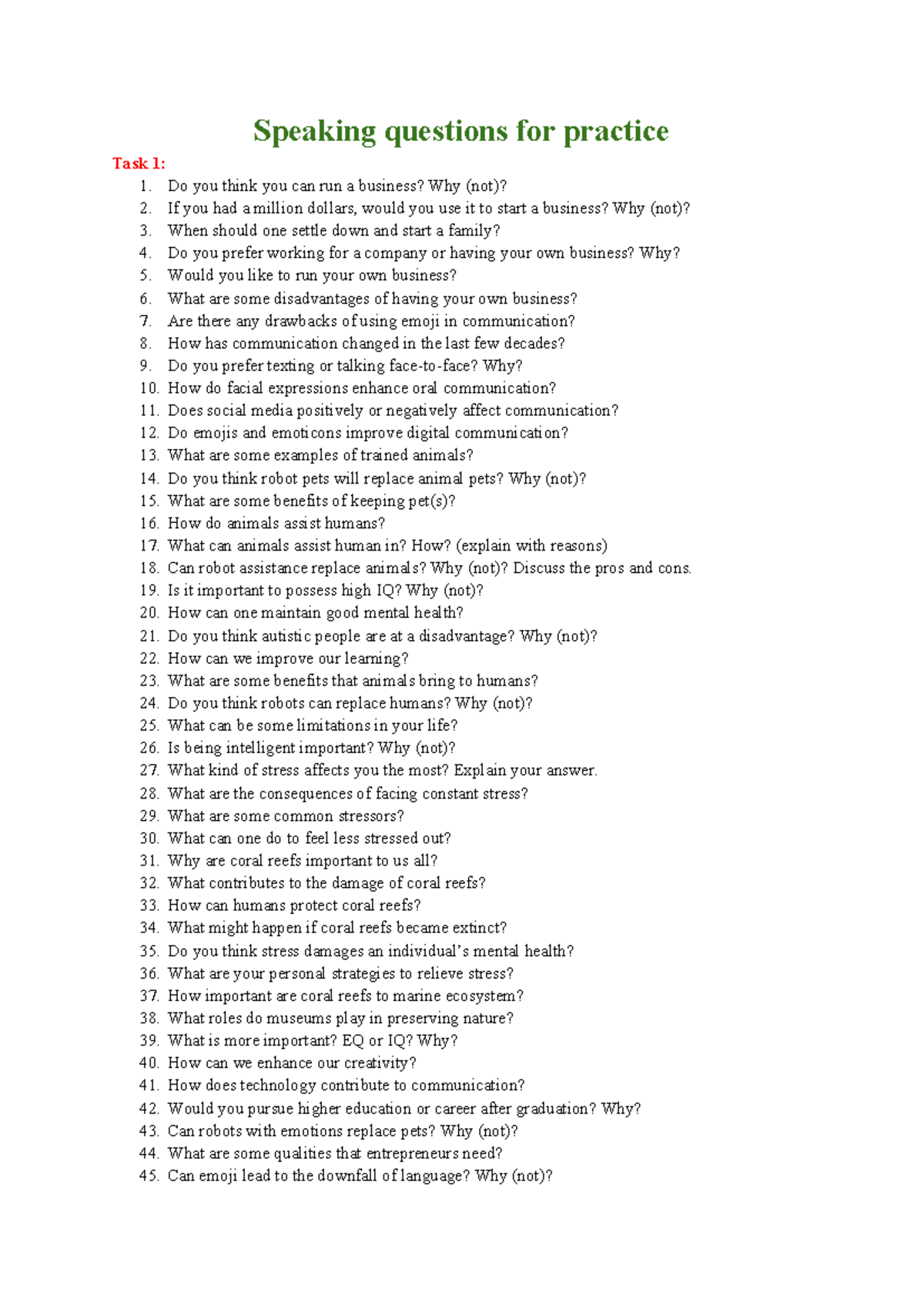 Speaking Practice Questions for Task 1: Communication & Business ...
