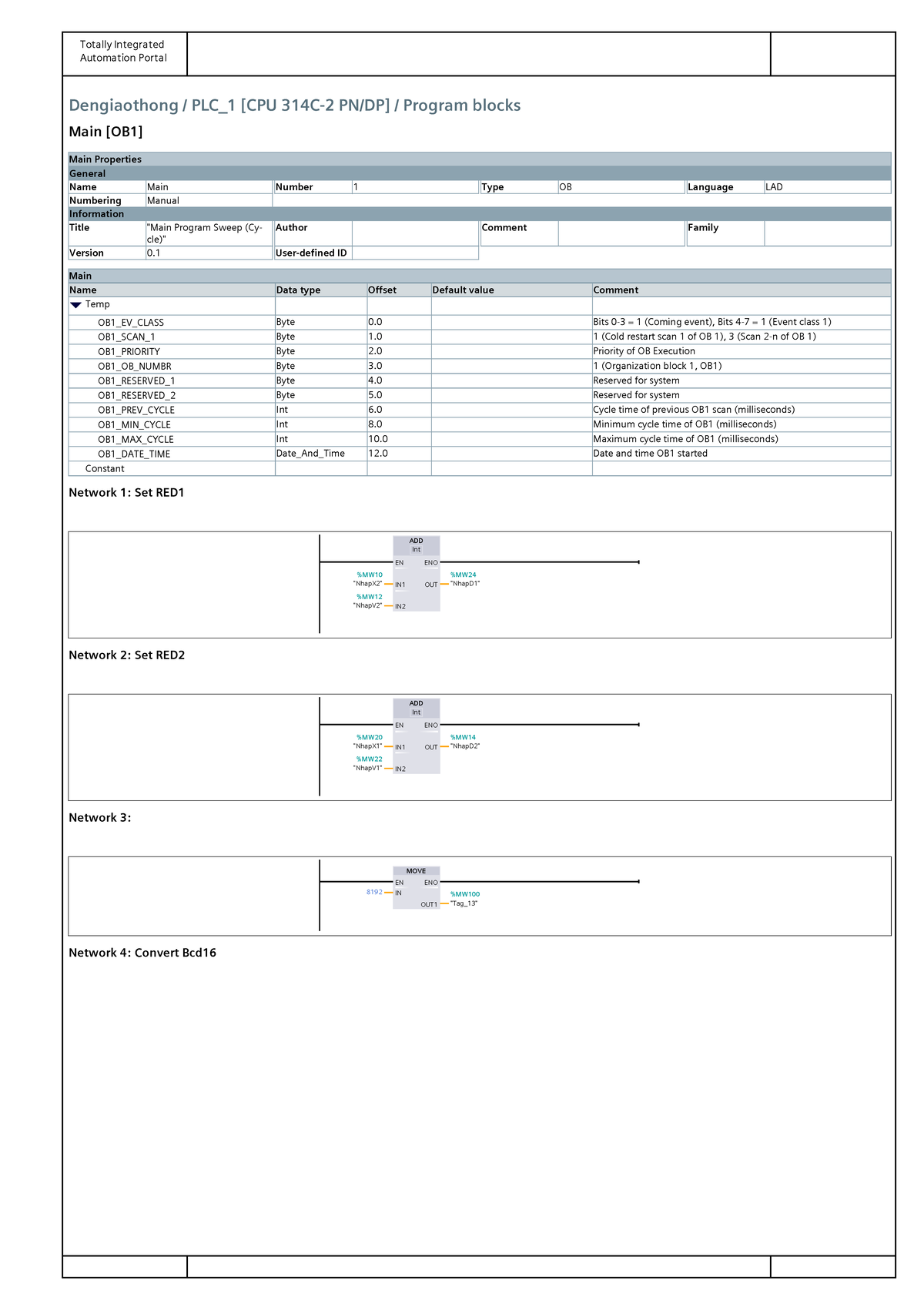 Totally Integrated Automation Portal PLC_1 Program Blocks Overview ...