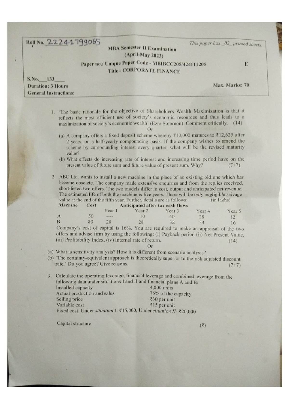 Corporate Finance MBA Sem II Exam 2023: Past Year Questions - Studocu