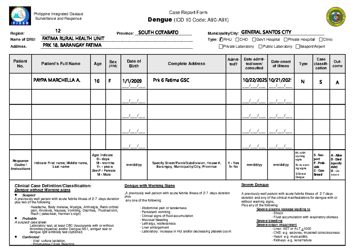 Dengue Case Report Form (ICD 10 Code: 12) - Fatima RHU - Studocu