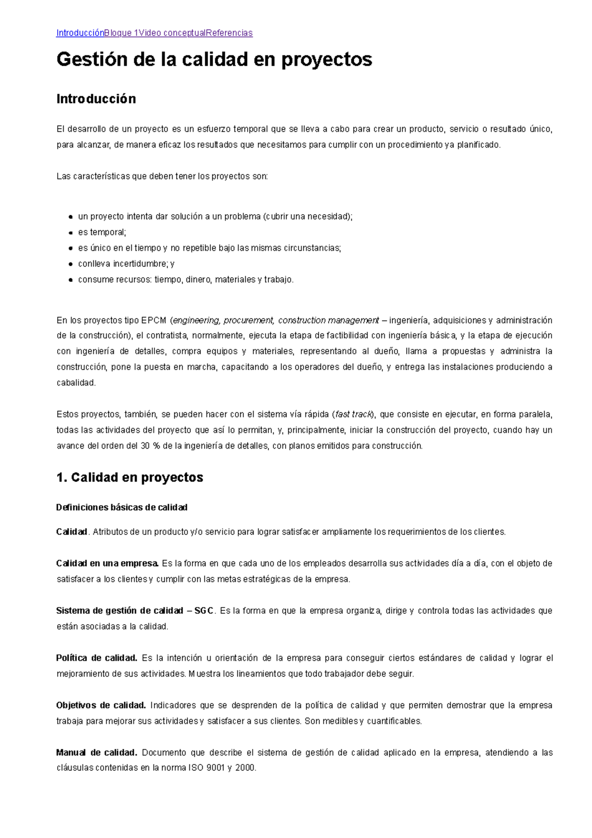 Módulo 1 - Lectura 1: Gestión de la Calidad en Proyectos y ISO 9001 ...